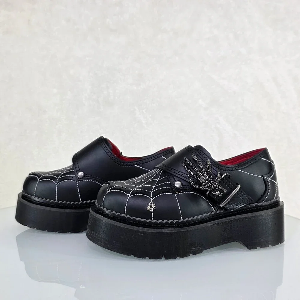 NIB Rebel Goth Punk Oxford Shoes Spider Charms Web Stitching Cryptic Hand Buckle - Picture 2 of 14